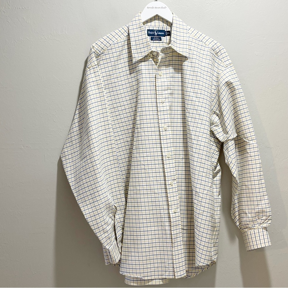 RALPH LAUREN BLUE LABEL Men’s White Yellow Blue Windowpane Plaid BLAKE Shirt XL